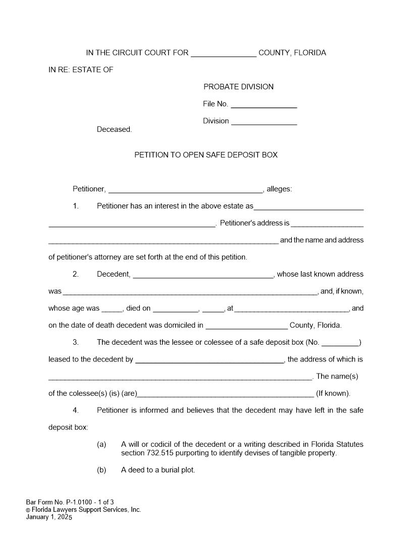 Petition To Open Safe Deposit Box {P-1.0100} | Pdf Fpdf Doc Docx | FLSSI Probate