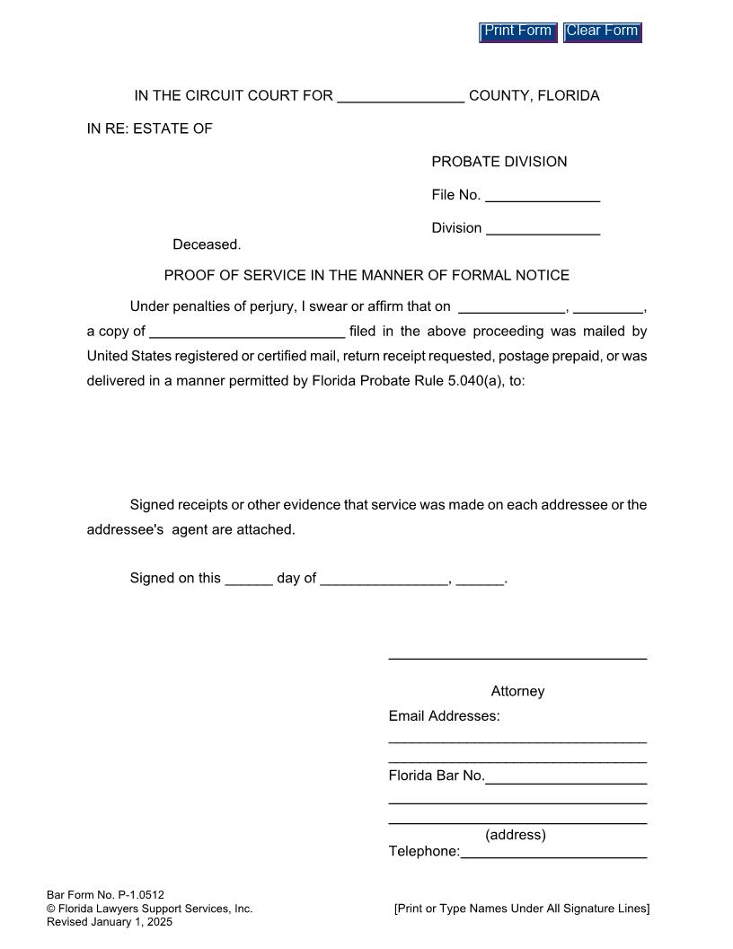 Proof Of Service In The Manner Of Formal Notice {P-1.0512} | Pdf Fpdf Docx | FLSSI Probate