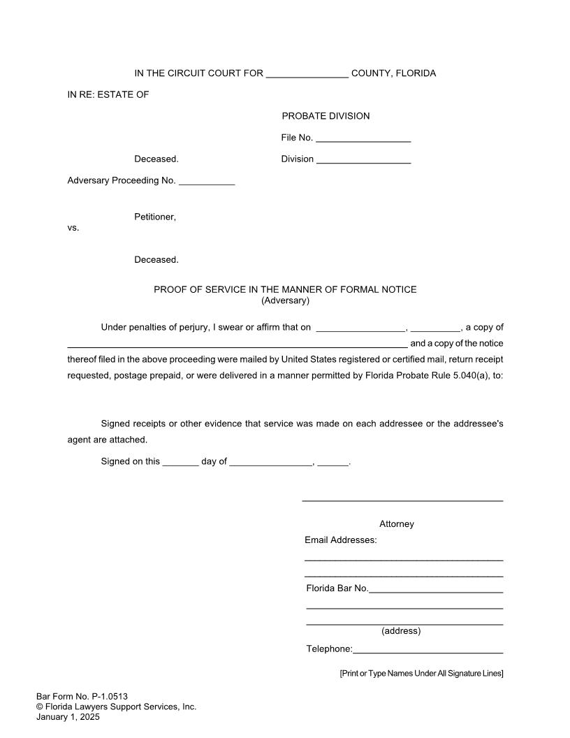 Proof Of Service In The Manner Of Formal Notice (Adversary) {P-1.0513} | Pdf Fpdf Docx | FLSSI Probate