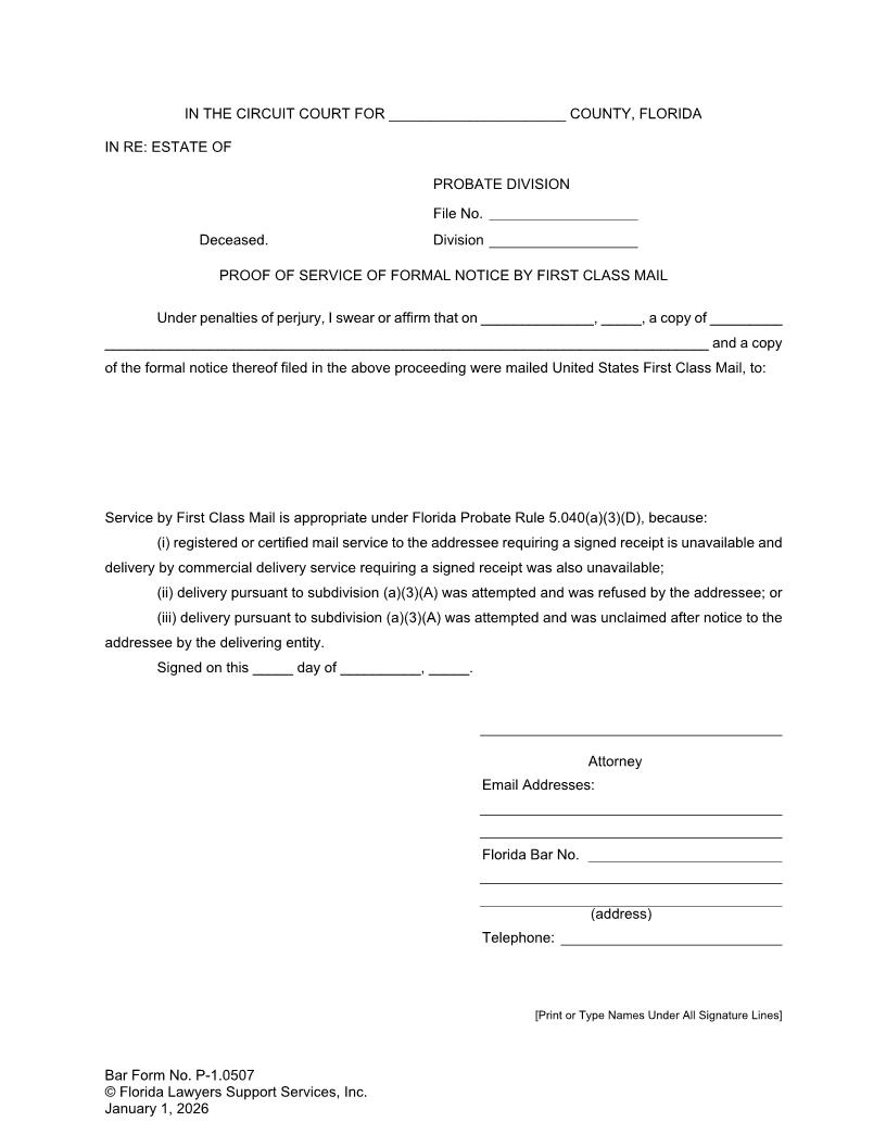 Proof Of Service Of Formal Notice By First Class Mail {P-1.0507} | Pdf Fpdf Docx | FLSSI Probate