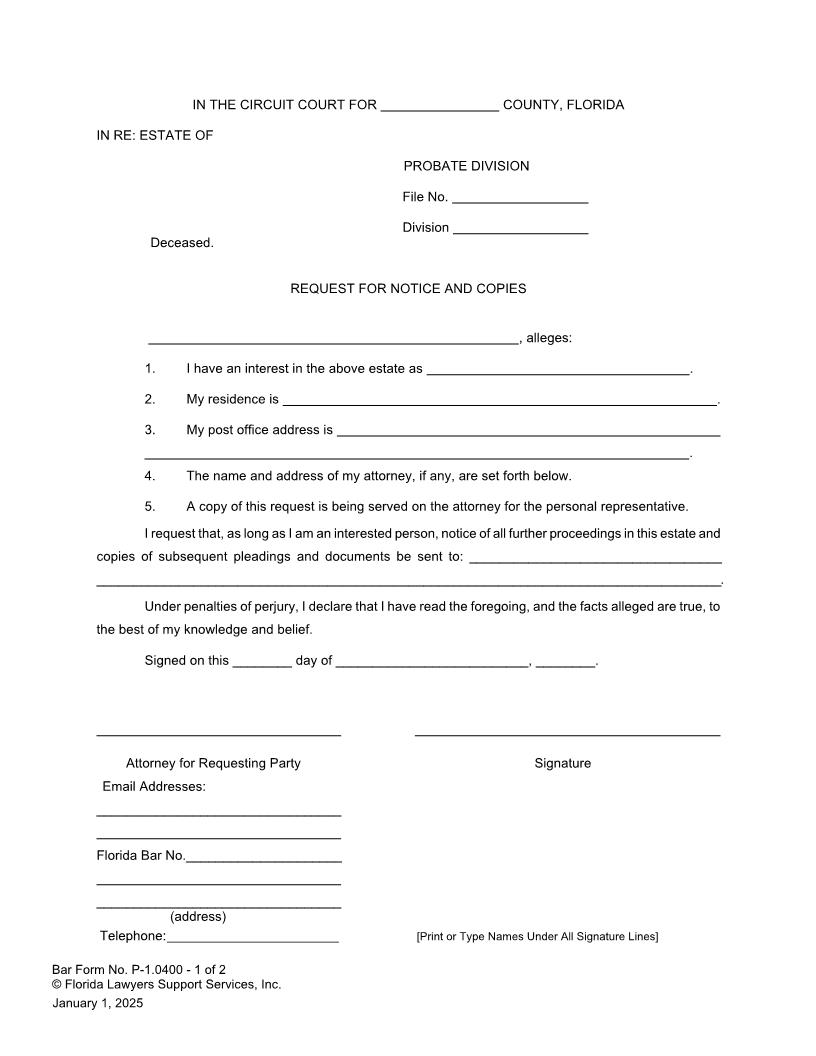 Request For Notice And Copies {P-1.0400} | Pdf Fpdf Doc Docx | FLSSI Probate