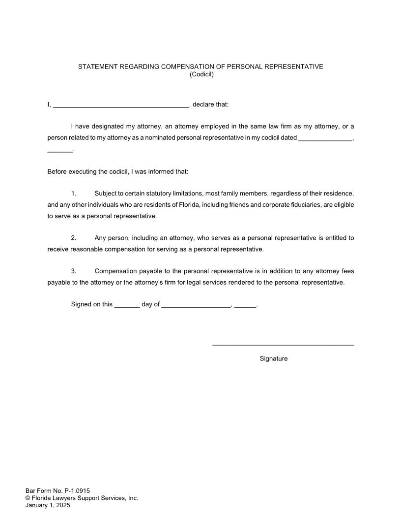 Statement Regarding Compensation Of Personal Representative (Codicil) {P-1.0915} | Pdf Fpdf Docx | FLSSI Probate
