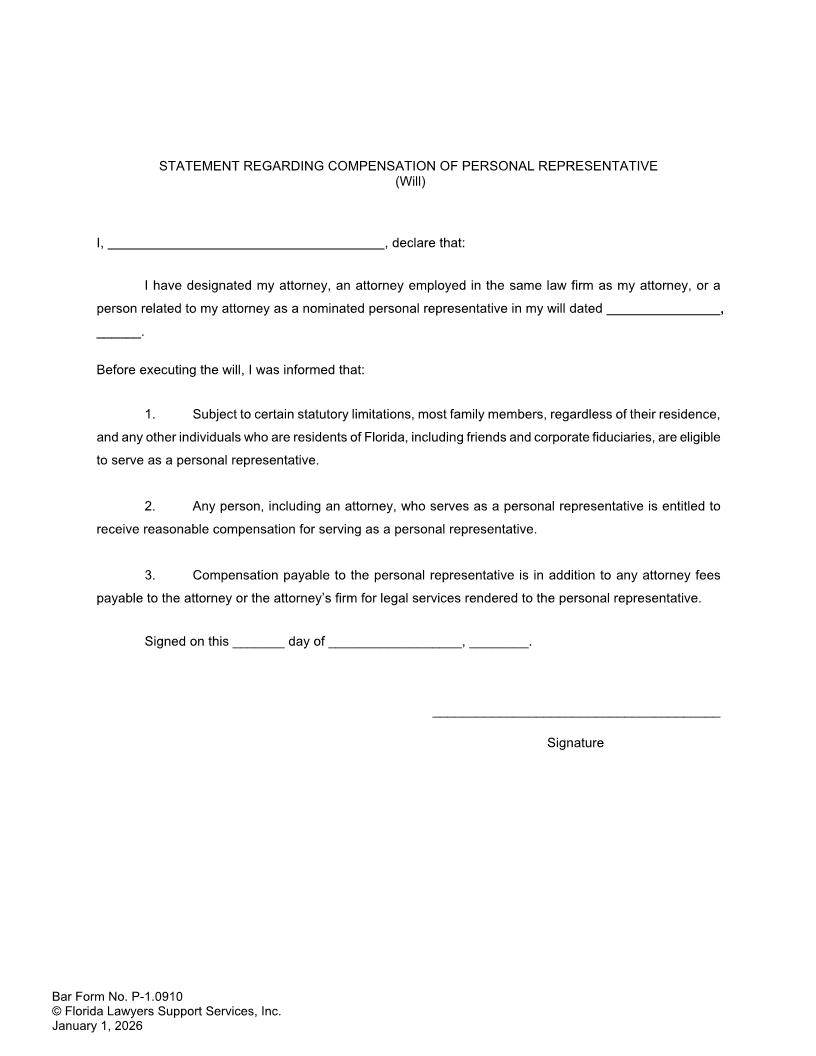 Statement Regarding Compensation Of Personal Representative (Will) {P-1.0910} | Pdf Fpdf Docx | FLSSI Probate