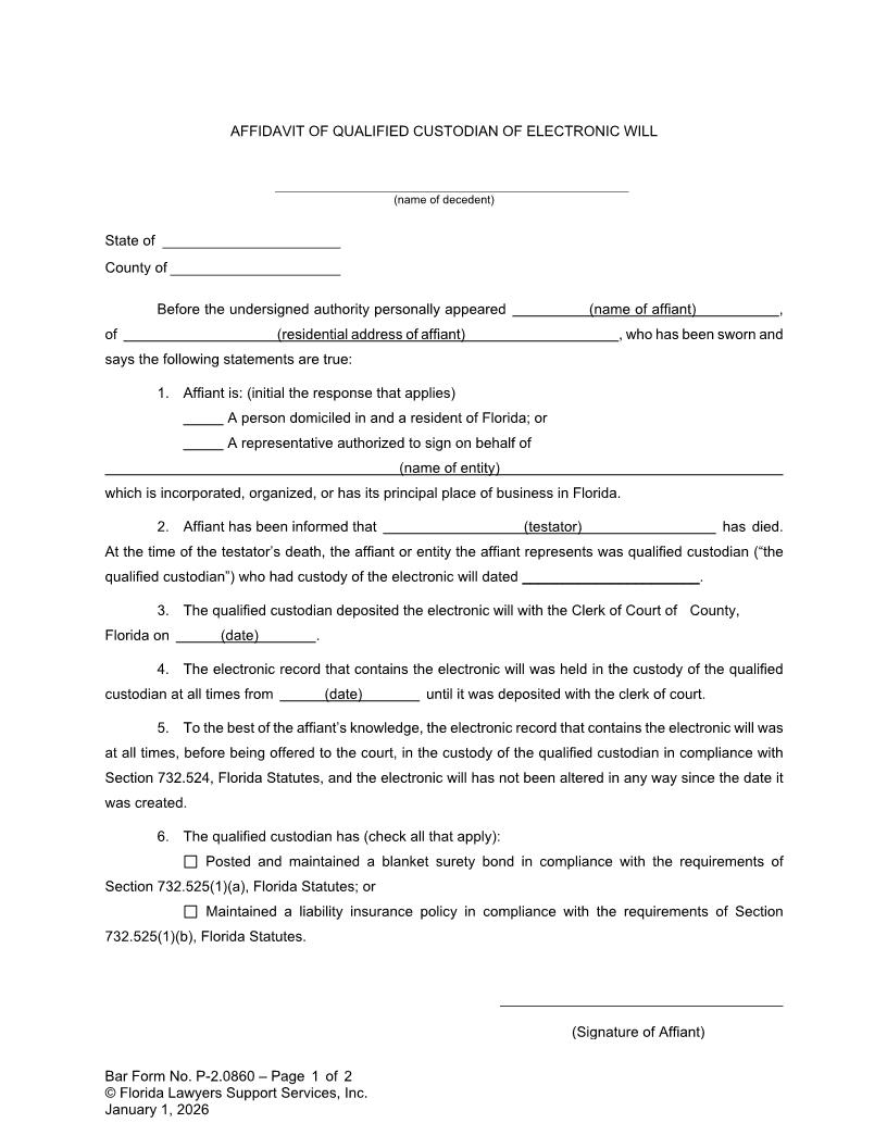 Affidavit Of Qualified Custodian Of Electronic Will {P-2.0860} | Pdf Fpdf Docx | FLSSI Probate
