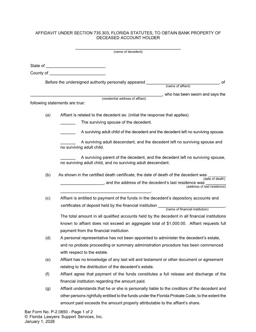 Affidavit To Obtain Bank Property Of Deceased Account Holder {P-2.0850} | Pdf Fpdf Docx | FLSSI Probate