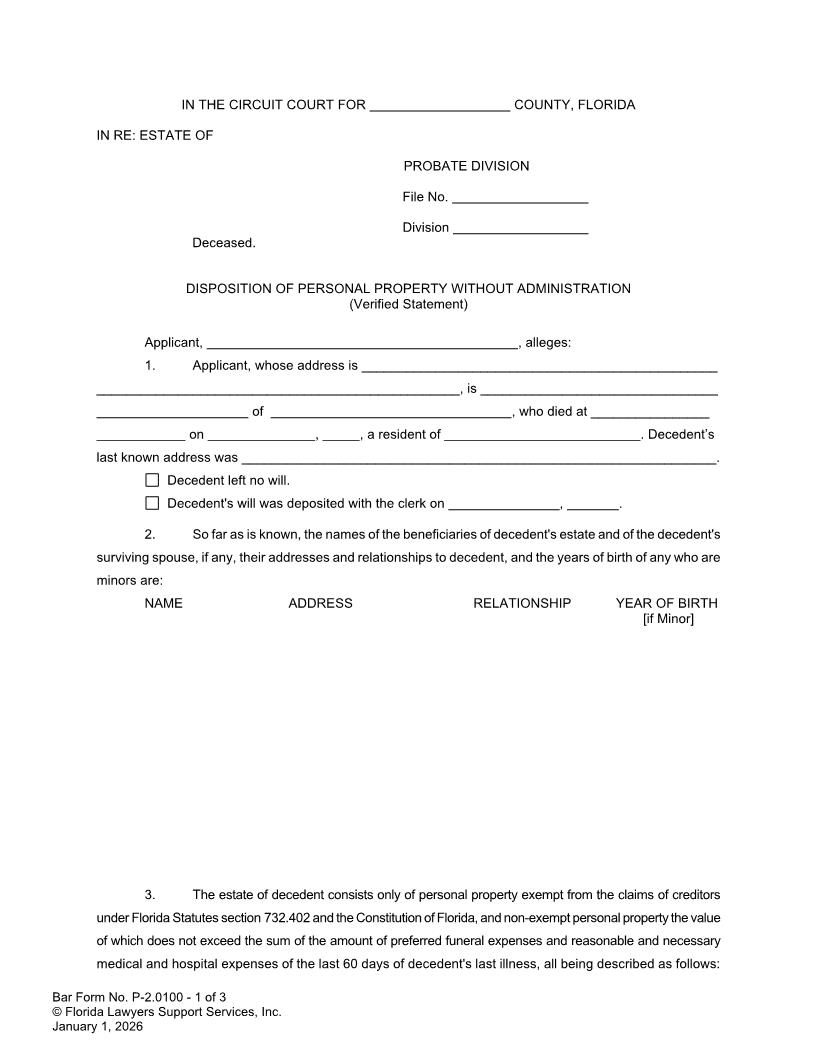 Disposition Of Personal Property Without Administration Verified Statement {P-2.0100} | Pdf Fpdf Doc Docx | FLSSI Probate
