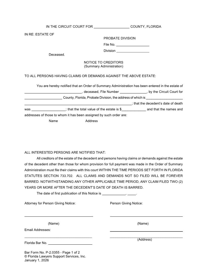 Notice To Creditors (Summary Administration) {P-2.0355} | Pdf Fpdf Doc Docx | FLSSI Probate
