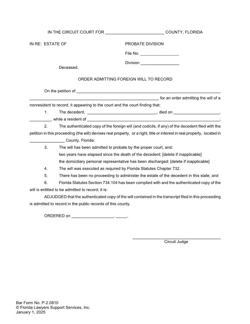 Order Admitting Foreign Will To Record {P-2.0810} | Pdf Fpdf Doc Docx | FLSSI Probate