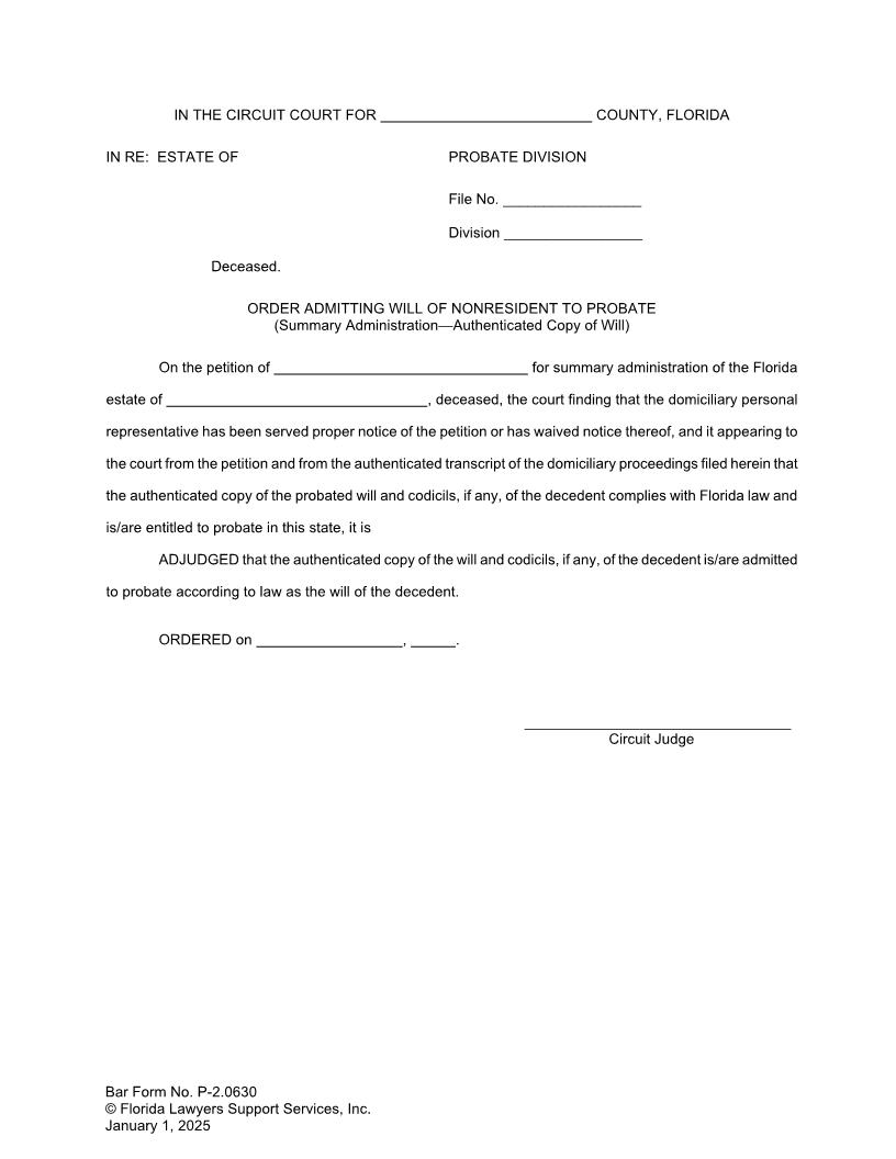 Order Admitting Will Nonresident To Probate (Summary Administration - Authenticated Copy) {P-2.0630} | Pdf Fpdf Docx | FLSSI Probate