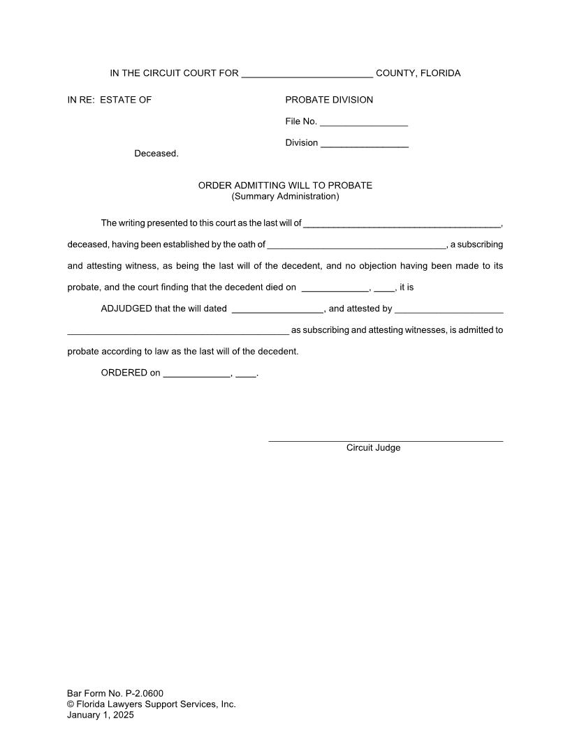 Order Admitting Will To Probate {P-2.0600} | Pdf Fpdf Doc Docx | FLSSI Probate