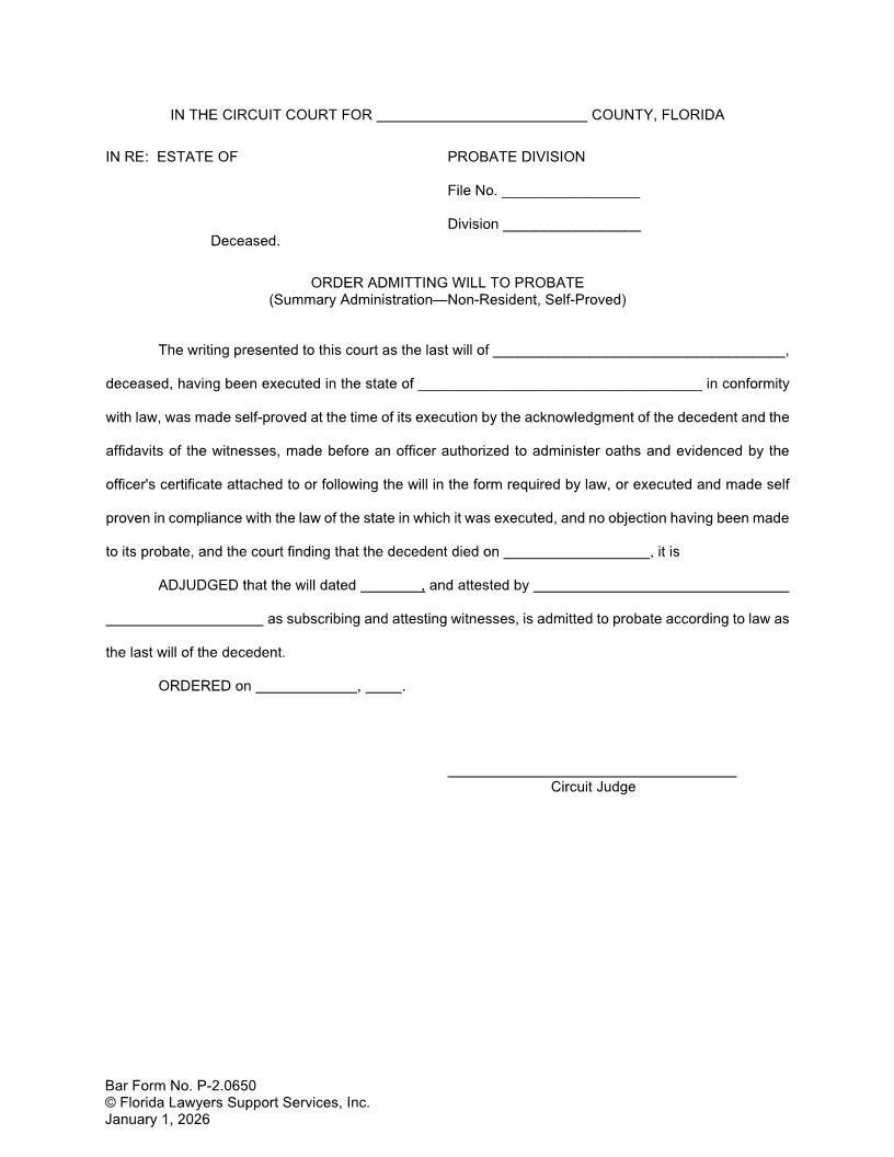 Order Admitting Will To Probate (Summary Administration - Non-Resident Self-Proved) {P-2.0650} | Pdf Fpdf Doc Docx | FLSSI Probate