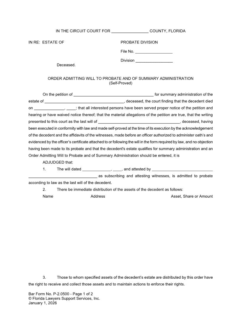 Order Admitting Will To Probate And Of Summary Administration {P-2.0500} | Pdf Fpdf Doc Docx | FLSSI Probate