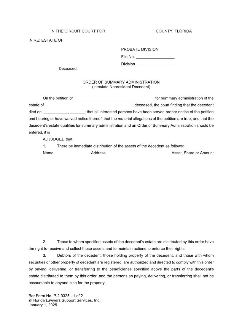 Order Of Summary Administration (Intestate Nonresident Decedent) {P-2.0325} | Pdf Fpdf Doc Docx | FLSSI Probate