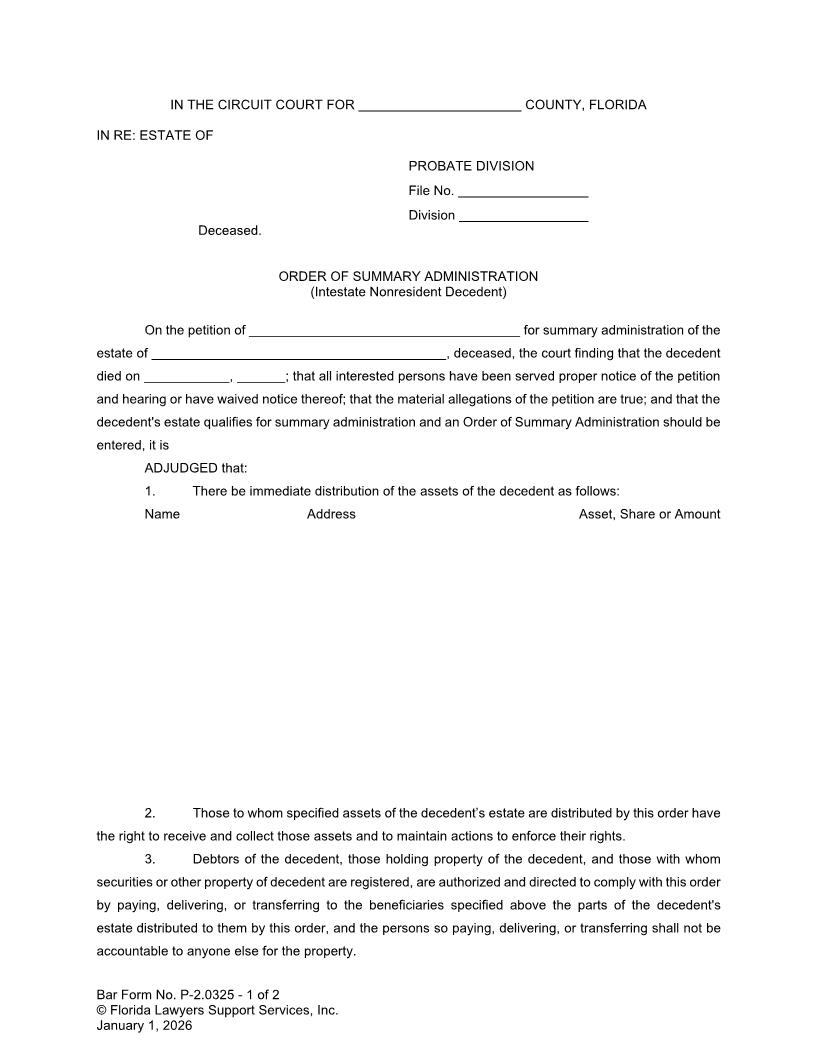 Order Of Summary Administration (Intestate Nonresident Decedent) {P-2.0325} | Pdf Fpdf Doc Docx | FLSSI Probate