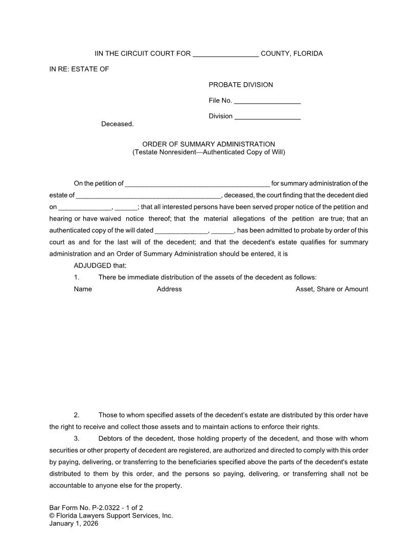 Order Of Summary Administration (Testate Nonresident Decedent Authenticated Copy Of Will) {P-2.0322} | Pdf Fpdf Docx | FLSSI Probate