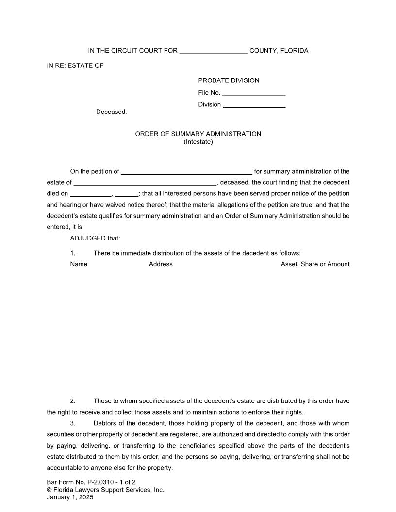 Order Of Summary Administration Intestate {P-2.0310} | Pdf Fpdf Doc Docx | FLSSI Probate