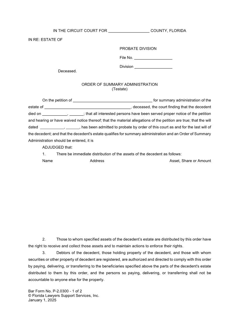 Order Of Summary Administration Testate {P-2.0300} | Pdf Fpdf Doc Docx | FLSSI Probate