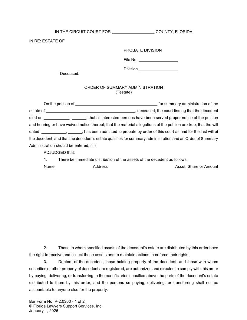Order Of Summary Administration Testate {P-2.0300} | Pdf Fpdf Doc Docx | FLSSI Probate