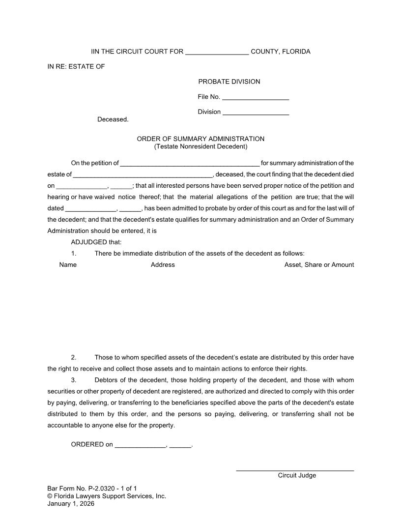 Order Of Summary Administration Testate Nonresident Decedent {P-2.0320} | Pdf Fpdf Doc Docx | FLSSI Probate