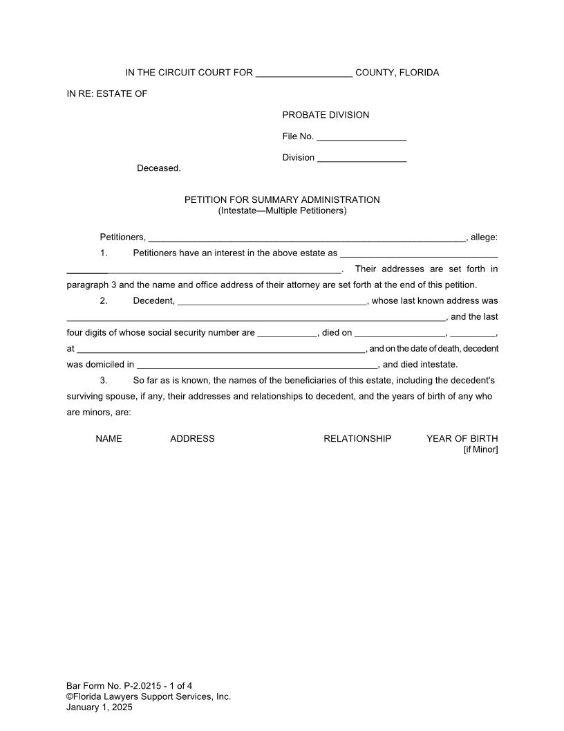 Petition For Summary Administration Intestate Multiple Petitioners {P-2.0215} | Pdf Fpdf Doc Docx | FLSSI Probate