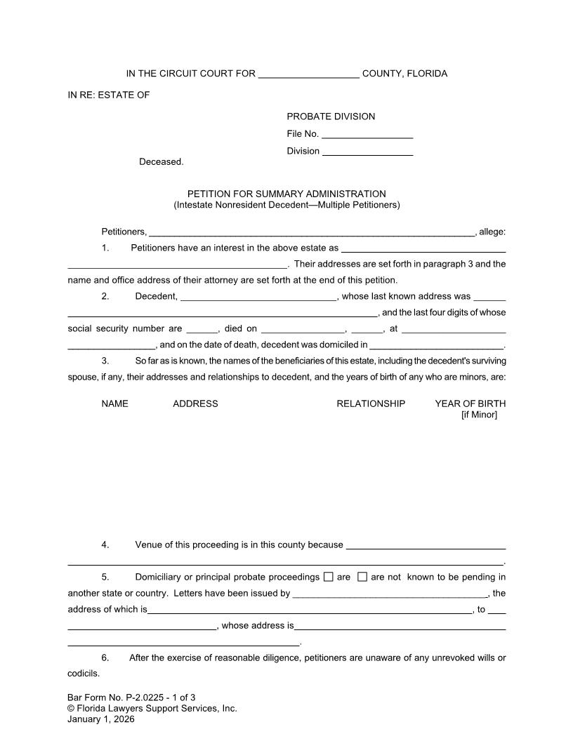 Petition For Summary Administration Intestate Nonresident Decedent Multiple Petitioners {P-2.0225} | Pdf Fpdf Doc Docx | FLSSI Probate
