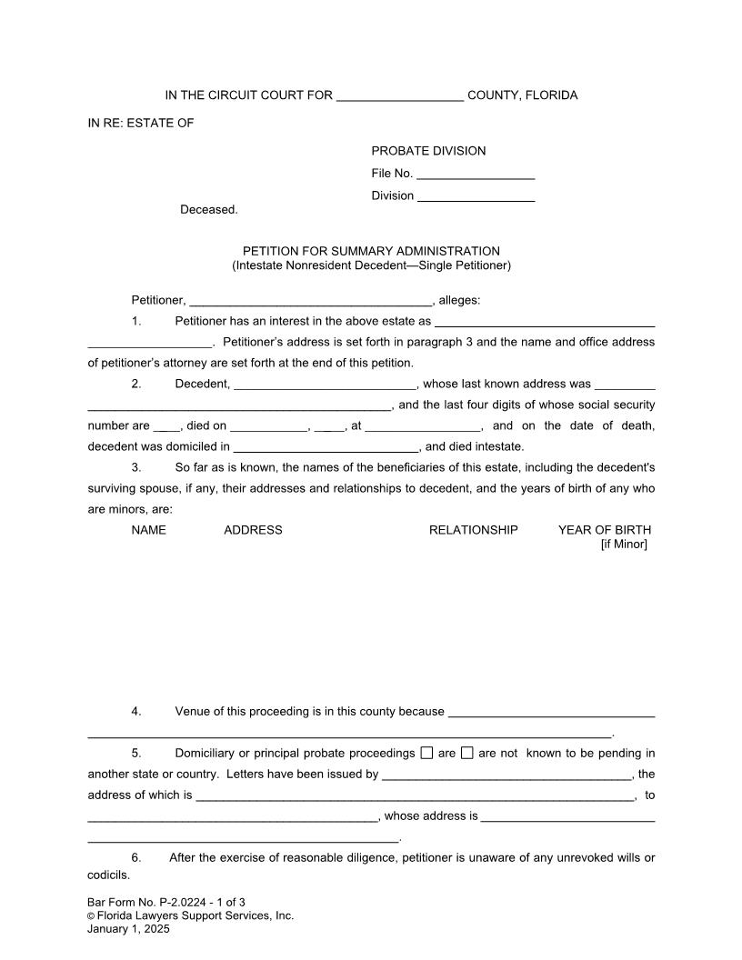 Petition For Summary Administration Intestate Nonresident Decedent Single Petitioner {P-2.0224} | Pdf Fpdf Doc Docx | FLSSI Probate