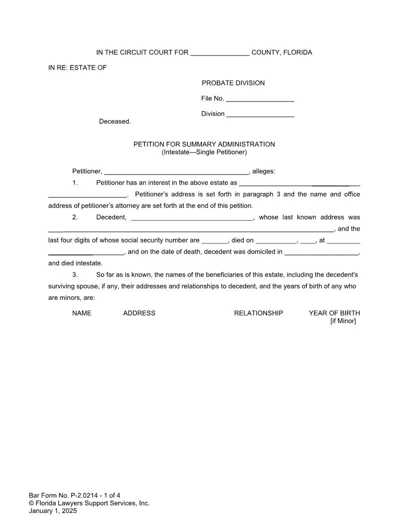 Petition For Summary Administration Intestate Single Petitioner {P-2.0214} | Pdf Fpdf Doc Docx | FLSSI Probate