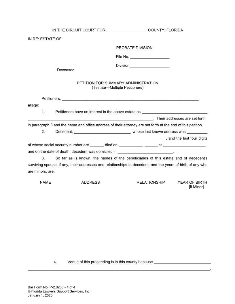 Petition For Summary Administration Testate Multiple Petitioners {P-2.0205} | Pdf Fpdf Doc Docx | FLSSI Probate