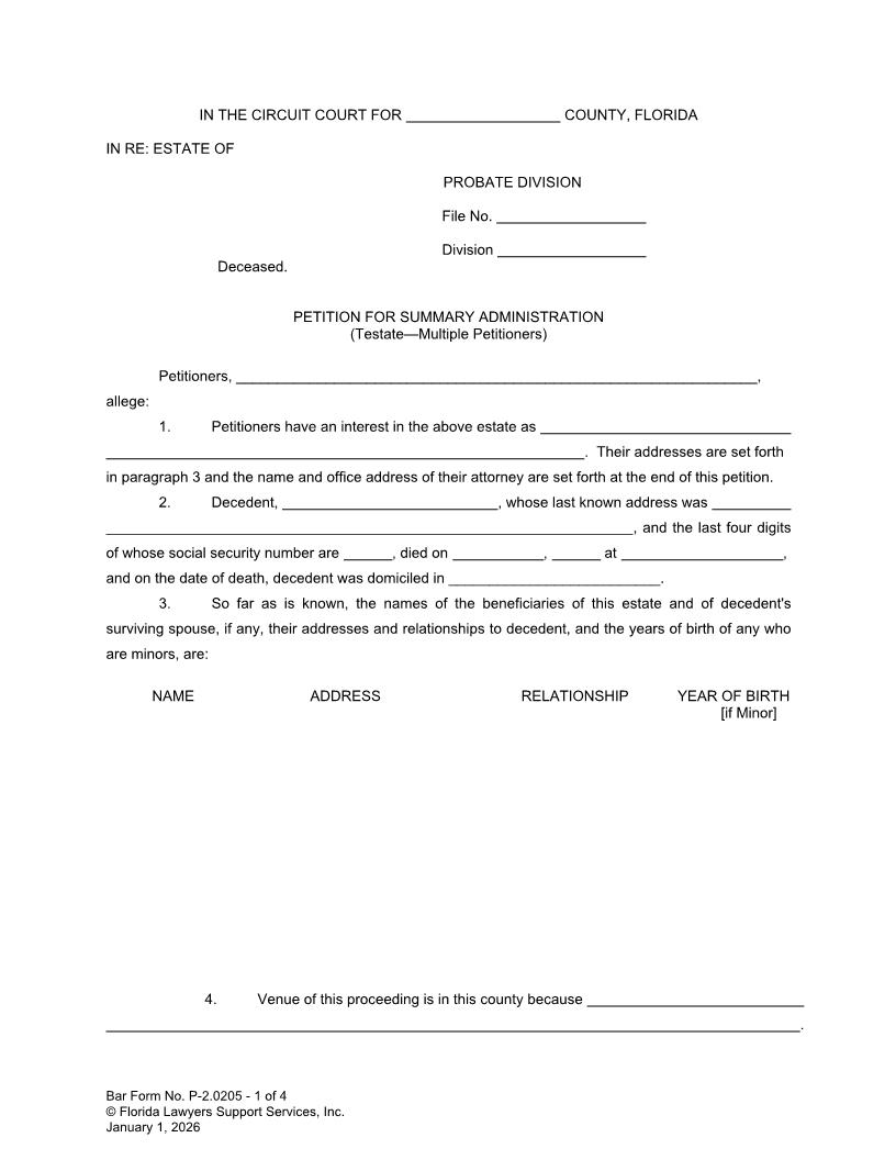 Petition For Summary Administration Testate Multiple Petitioners {P-2.0205} | Pdf Fpdf Doc Docx | FLSSI Probate