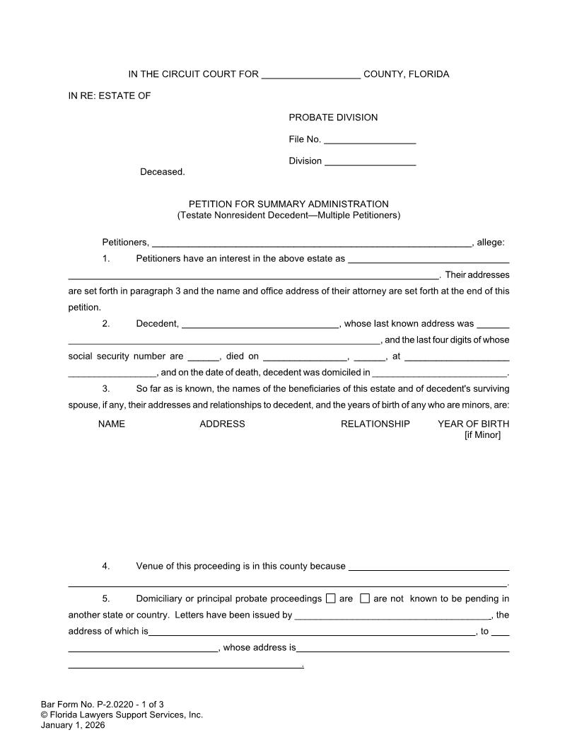 Petition For Summary Administration Testate Nonresident Decedent Multiple Petitioners {P-2.0220} | Pdf Fpdf Doc Docx | FLSSI Probate