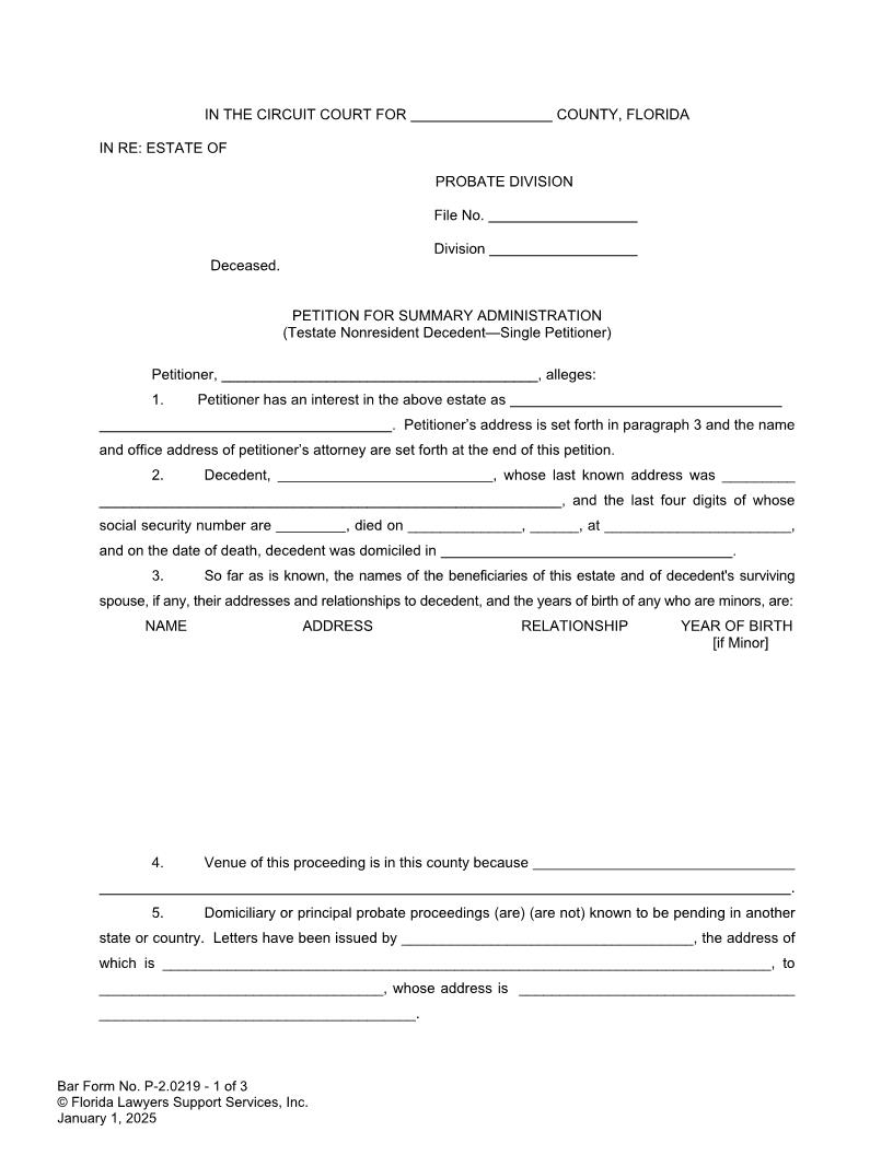 Petition For Summary Administration Testate Nonresident Decedent Single Petitioner {P-2.0219} | Pdf Fpdf Doc Docx | FLSSI Probate
