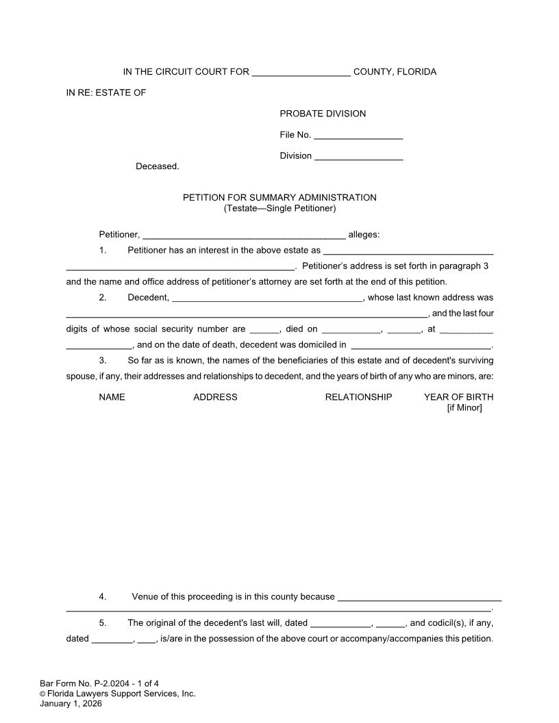 Petition For Summary Administration Testate Single Petitioner {P-2.0204} | Pdf Fpdf Doc Docx | FLSSI Probate
