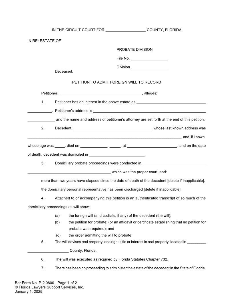 Petition To Admit Foreign Will To Record {P-2.0800} | Pdf Fpdf Doc Docx | FLSSI Probate