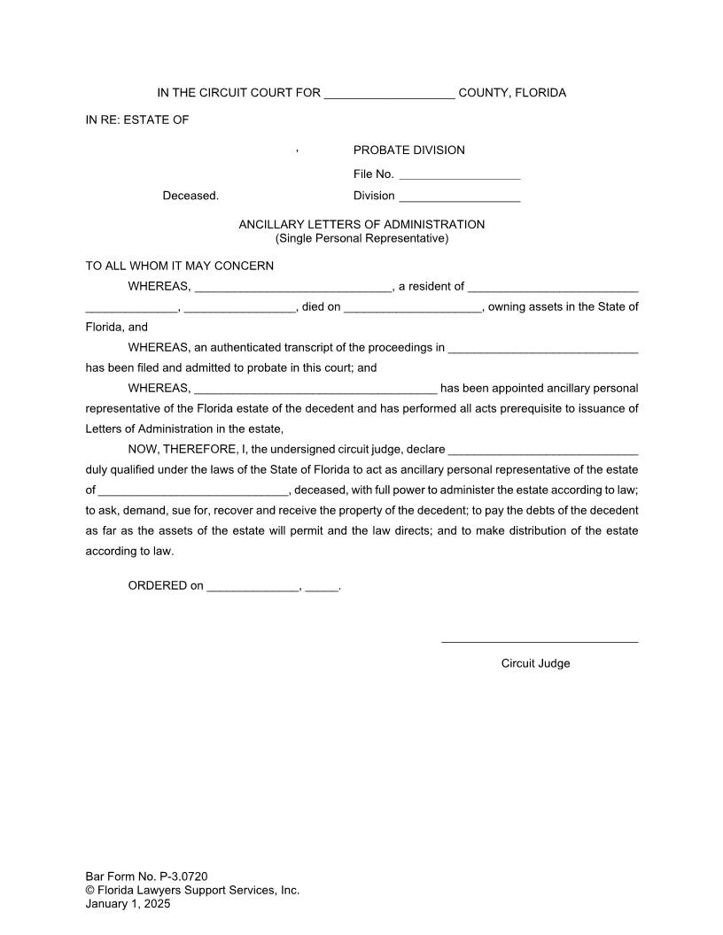 Ancillary Letters Of Administration (Single Personal Representative) {P-3.0720} | Pdf Fpdf Doc Docx | FLSSI Probate