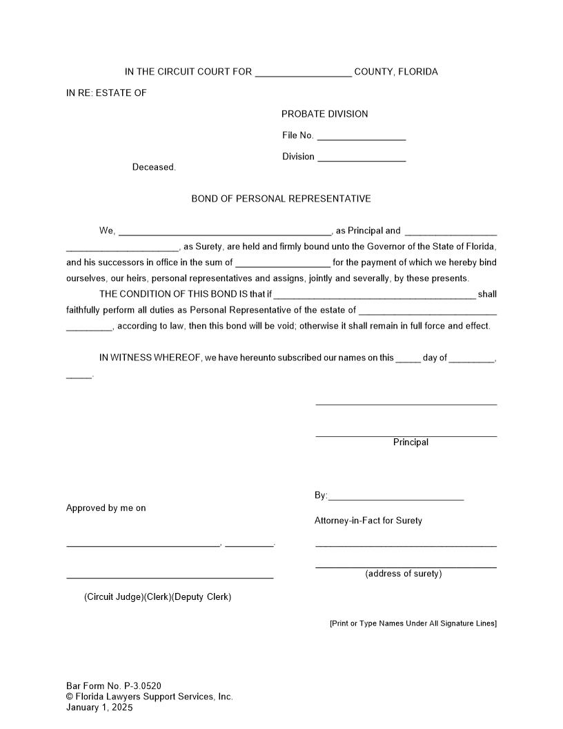 Bond Of Personal Representative {P-3.0520} | Pdf Fpdf Doc Docx | FLSSI Probate