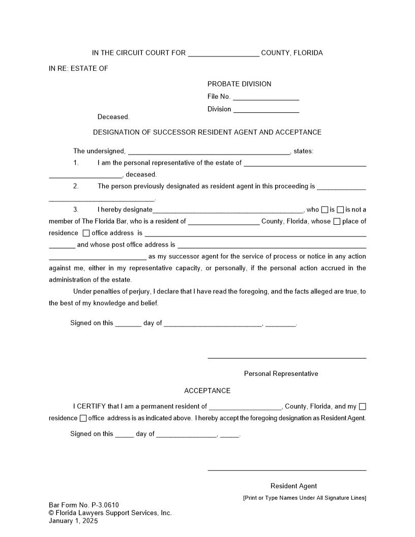 Designation Of Successor Resident Agent And Acceptance {P-3.0610} | Pdf Fpdf Doc Docx | FLSSI Probate