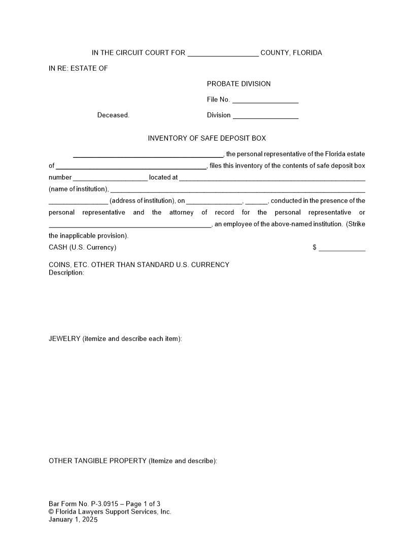 Inventory Of Safe Deposit Box {P-3.0915} | Pdf Fpdf Docx | FLSSI Probate