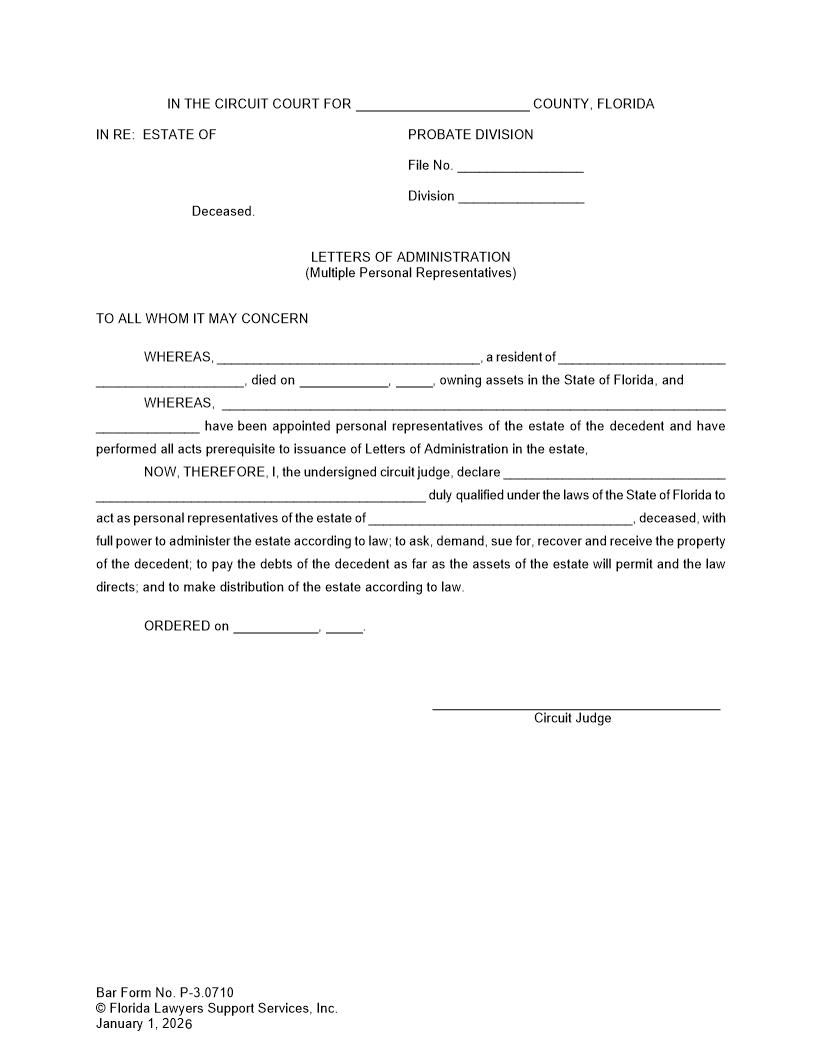 Letters Of Administration Multiple Personal Representatives {P-3.0710} | Pdf Fpdf Doc Docx | FLSSI Probate