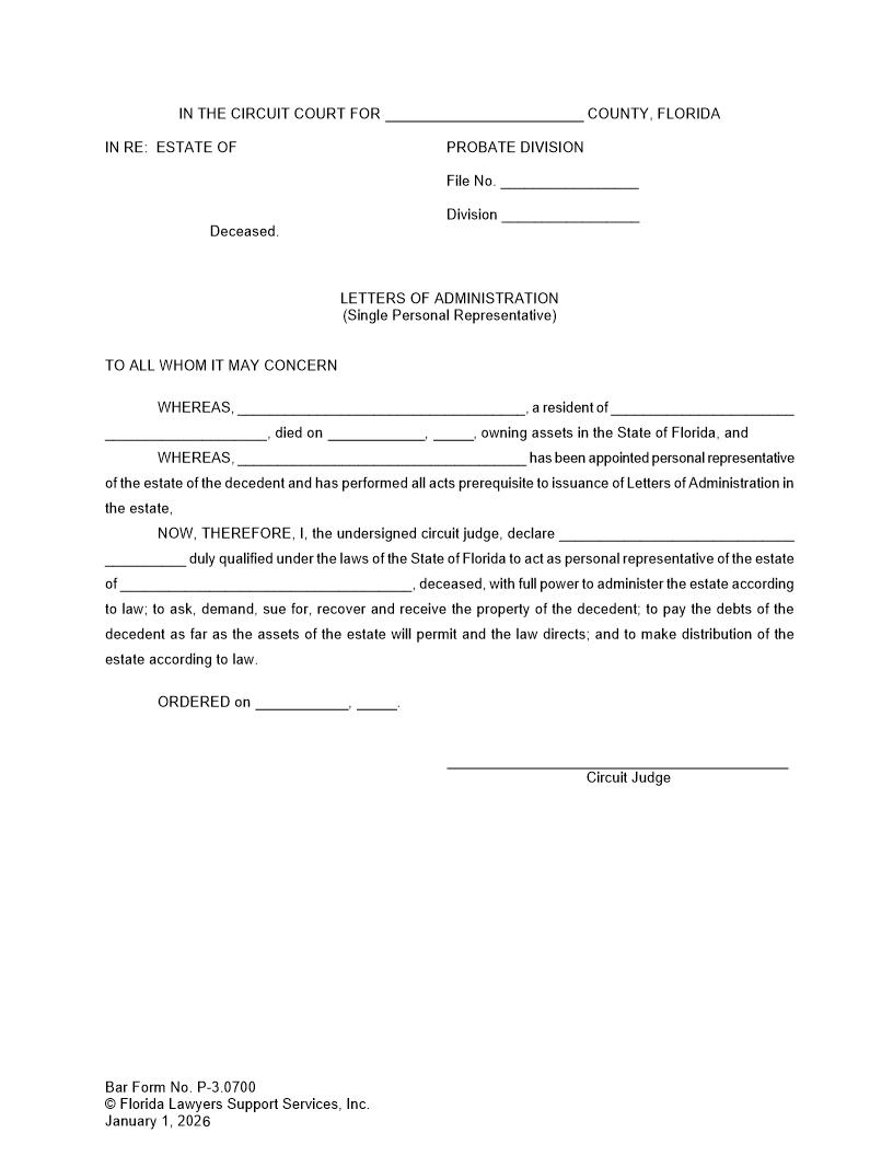 Letters Of Administration Single Personal Representative {P-3.0700} | Pdf Fpdf Doc Docx | FLSSI Probate