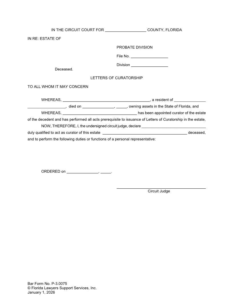 Letters Of Curatorship {P-3.0075} | Pdf Fpdf Doc Docx | FLSSI Probate