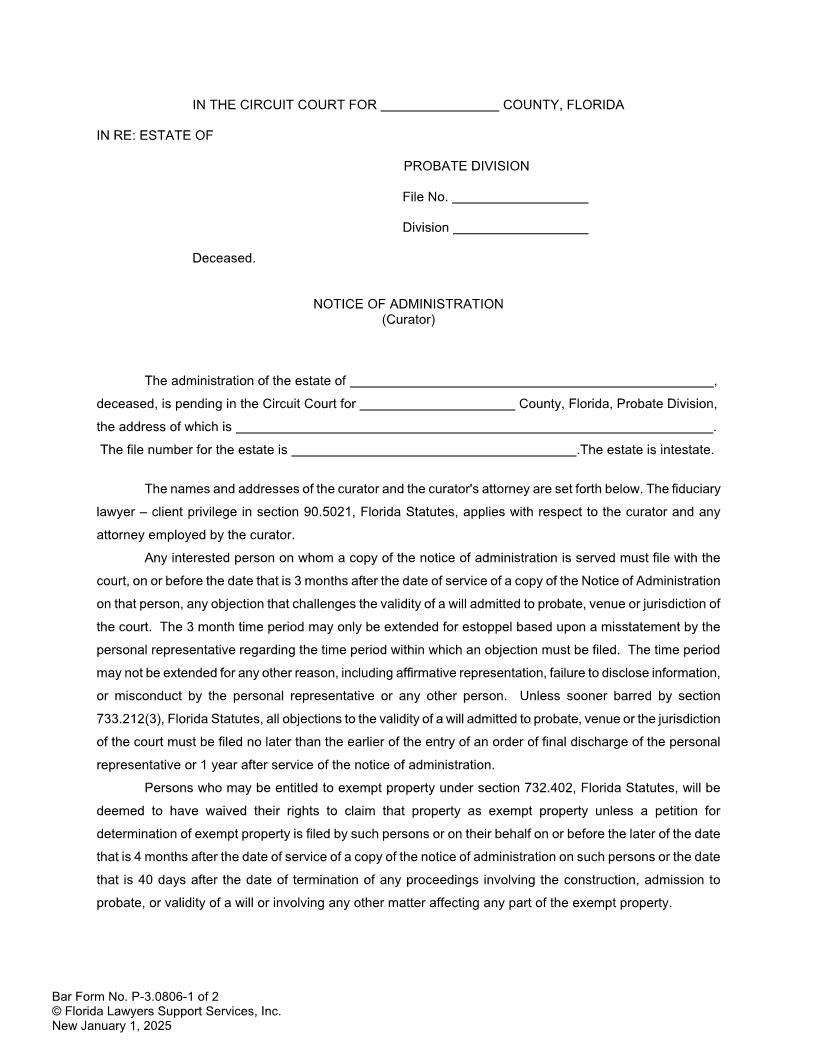 Notice Of Administration (Curator) {P-3.0806} | Pdf Fpdf Docx | FLSSI Probate
