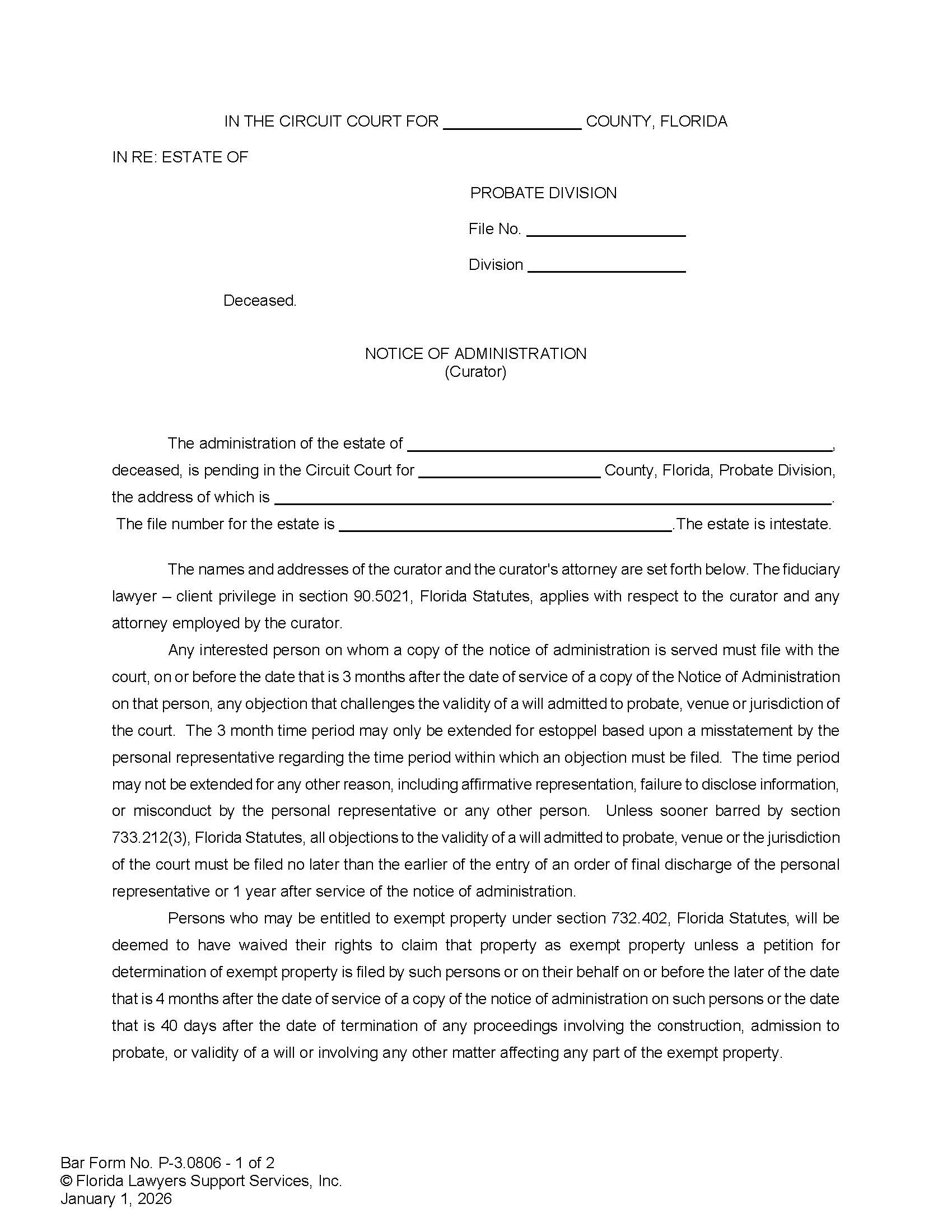 Notice Of Administration (Curator) {P-3.0806} | Pdf Fpdf Docx | FLSSI Probate