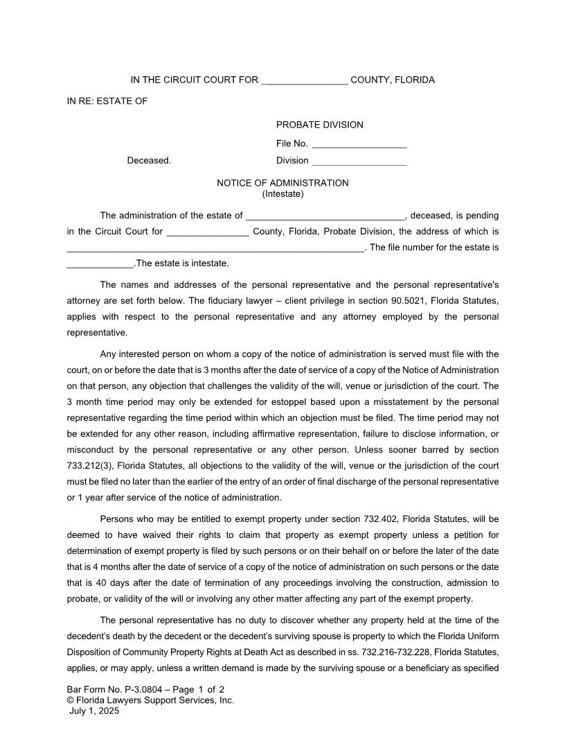 Notice Of Administration (Intestate) {P-3.0804} | Pdf Fpdf Docx | FLSSI Probate