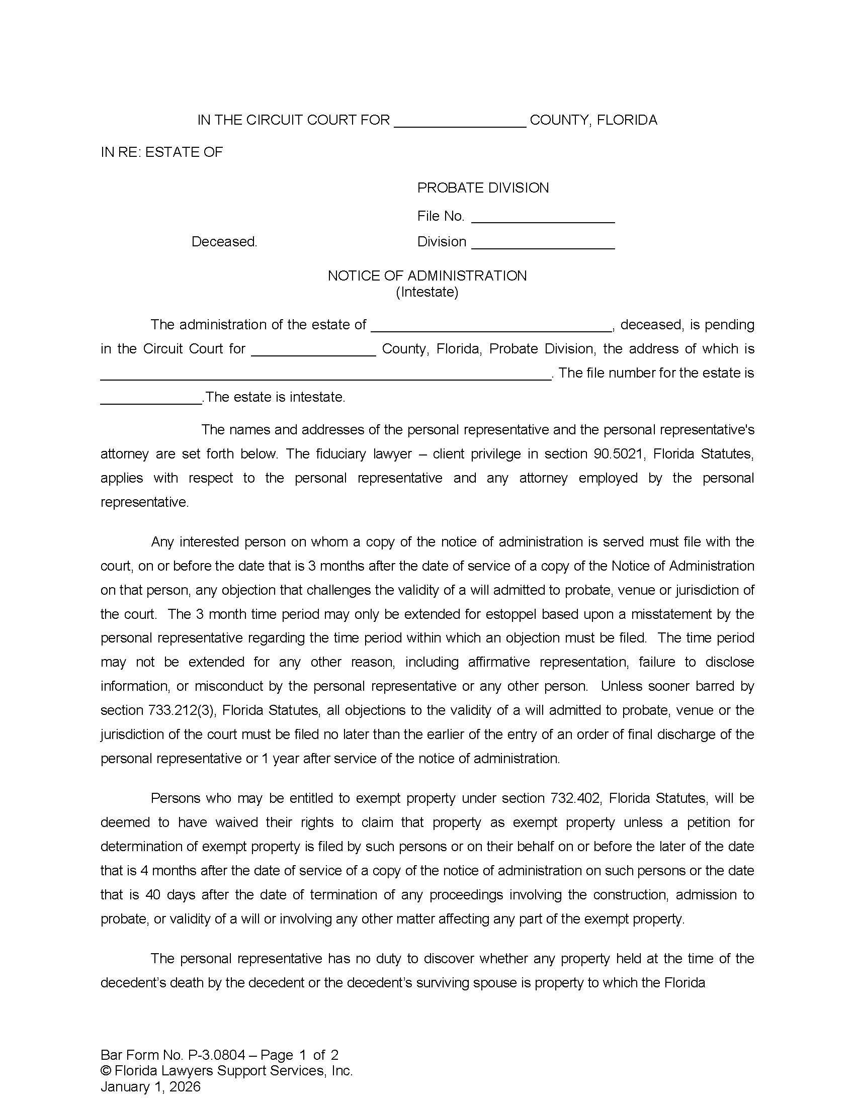 Notice Of Administration (Intestate) {P-3.0804} | Pdf Fpdf Docx | FLSSI Probate