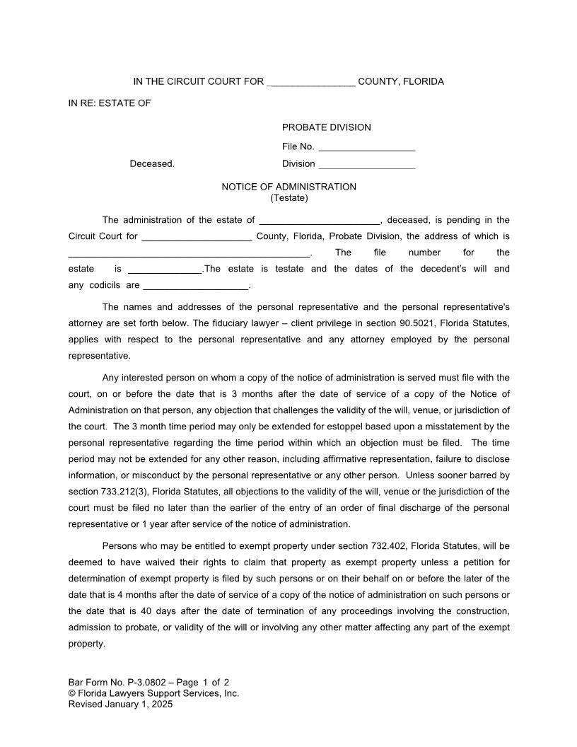 Notice Of Administration (Testate) {P-3.0802} | Pdf Fpdf Doc Docx | FLSSI Probate