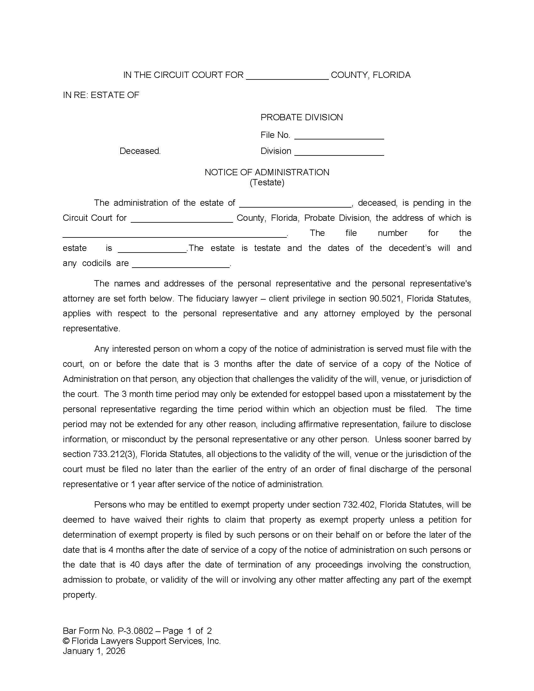 Notice Of Administration (Testate) {P-3.0802} | Pdf Fpdf Doc Docx | FLSSI Probate