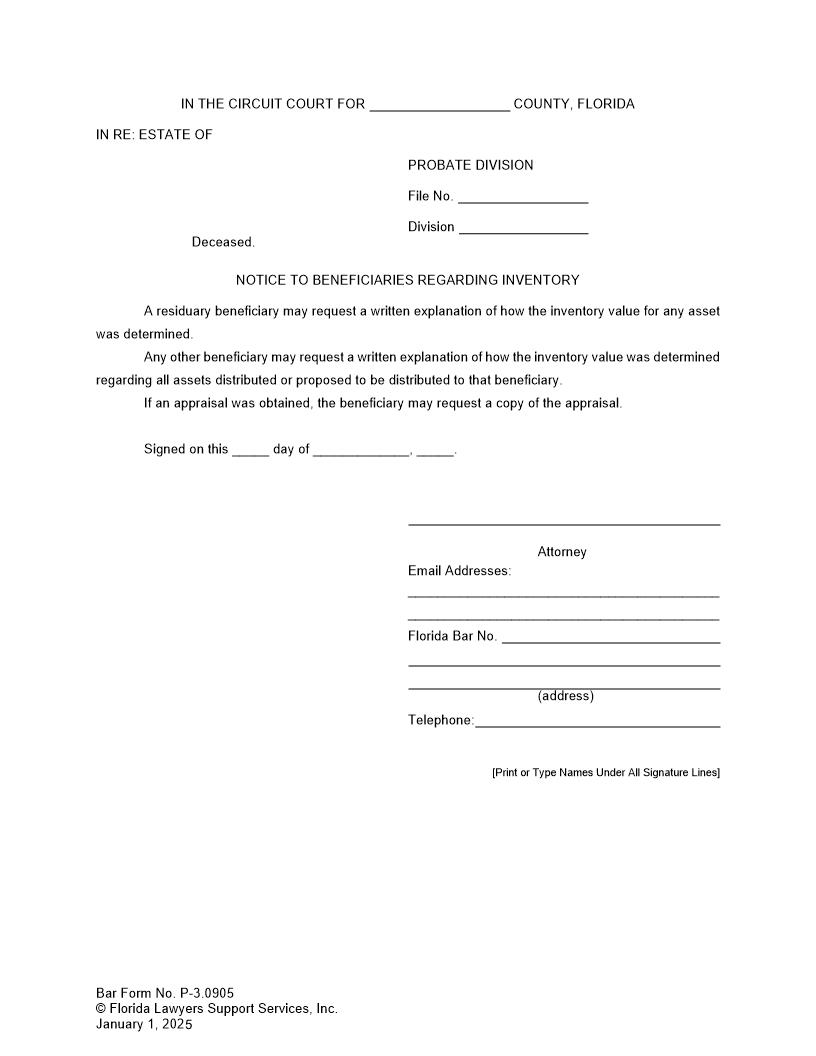 Notice To Beneficiaries Regarding Inventory {P-3.0905} | Pdf Fpdf Doc Docx | FLSSI Probate