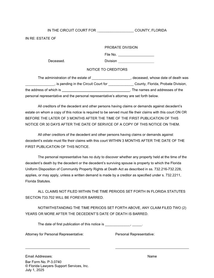 Notice To Creditors {P-3.0740} | Pdf Fpdf Doc Docx | FLSSI Probate