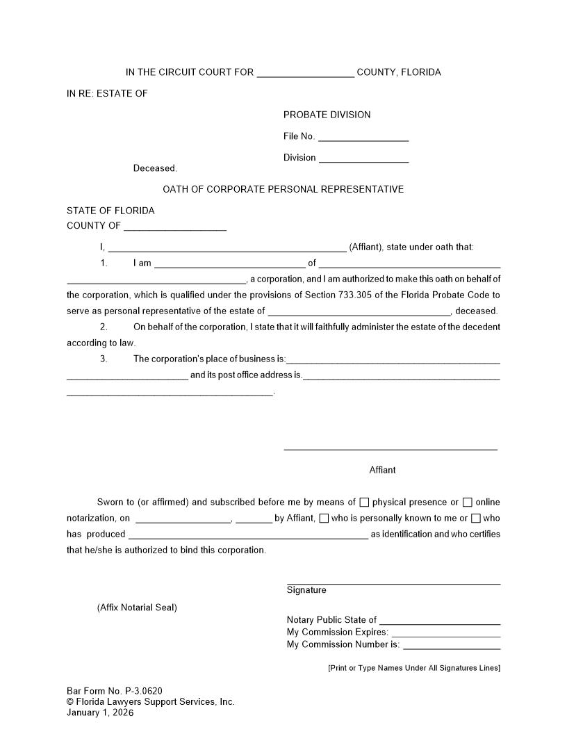 Oath Of Corporate Personal Representative {P-3.0620} | Pdf Fpdf Doc Docx | FLSSI Probate