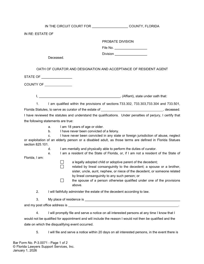 Oath Of Curator And Designation And Acceptance Of Resident Agent {P-3.0071} | Pdf Fpdf Docx | FLSSI Probate